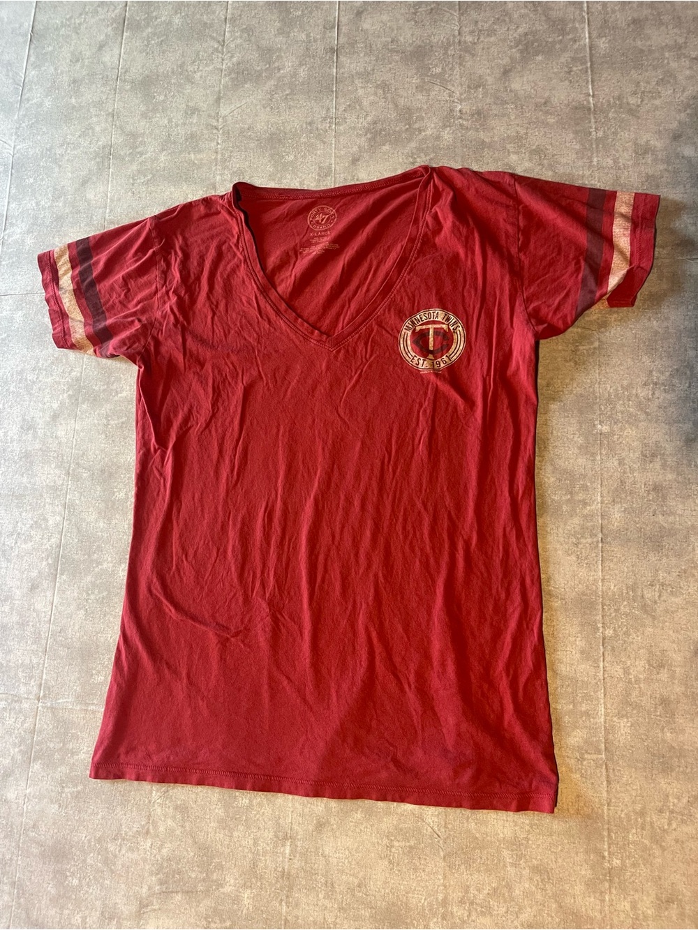 47 Brand Women's Red V-Neck Tee with Striped Sleeves